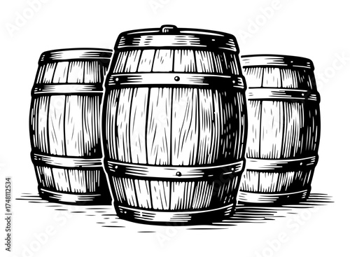 Three oak barrels for alcoholic beverages. Vector engraving style illustration