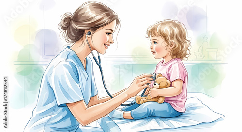 Compassionate female medical practitioner conducting a gentle pediatric examination on a smiling young child, fostering trust and comfort during a routine health check-up in a friendly healthcare