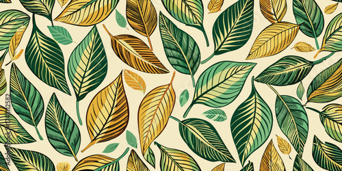 Tropical leaf pattern with green and golden hues leaves foliage