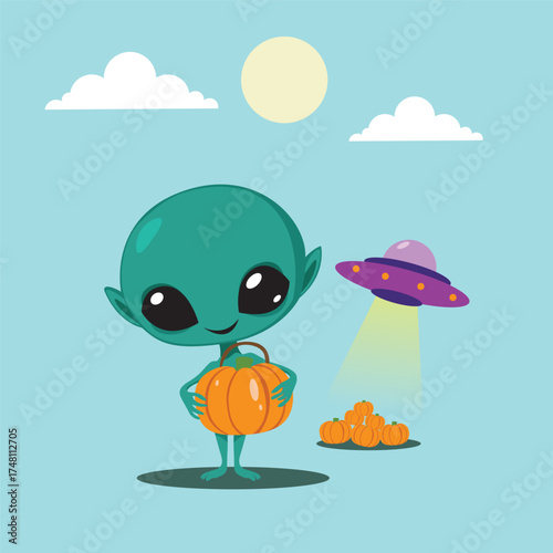 Cute Green Alien Holding Pumpkin with Flying Saucer in Sky – Adorable Flat 2D Halloween Cartoon Vector Illustration of Extraterrestrial Character Collecting Pumpkins in Bright Daylight Scene