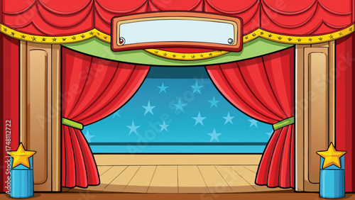 Red curtains open stage with star backdrop and sign theater cinema