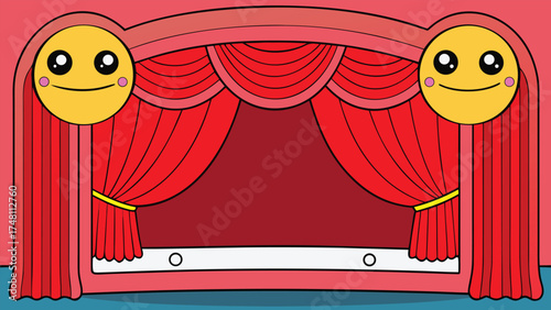 Cartoon stage with red curtains and smiling faces theater cinema