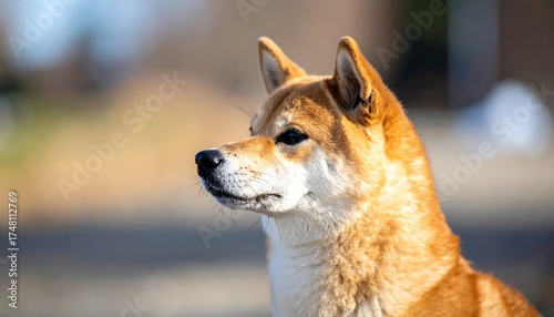 Close-up of a Shiba Inu dog, profile view, outdoors