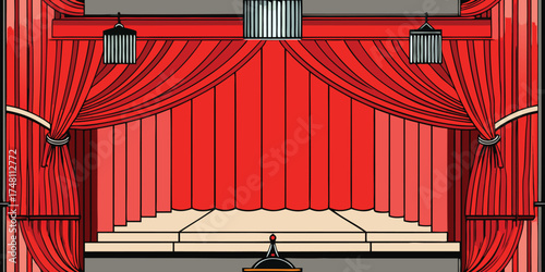 Red stage curtains draped open with stage lights theater cinema