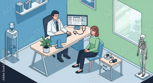 Isometric illustration showing a professional medical consultation between a doctor and patient in a modern clinic, representing comprehensive healthcare services and dedicated patient support