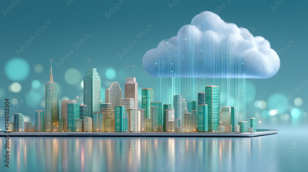 Fototapeta premium Modern workstation cloud connected city skyline with glowing smart buildings and data streams creating futuristic urban technology atmosphere