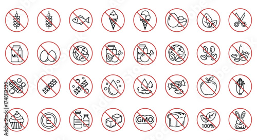 A collection of icons representing various food restrictions and allergens, isolated on a transparent background