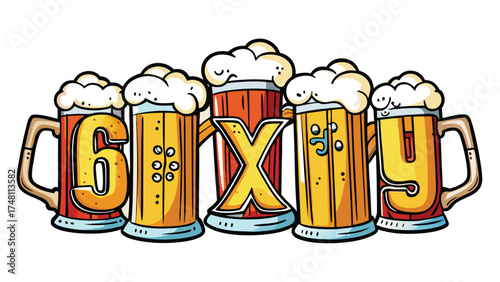 Cartoon beer mugs with letters forming the word sixy frothy beer cartoon style