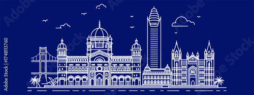 Mumbai Skyline with Gateway of India, Sea Link, and Taj Mahal Palace — Beautiful Hand Sketch for Art Prints and Decorative Design Use