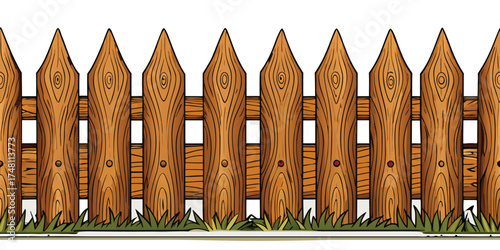 Wooden picket fence with grass and white background wooden fence wood grain