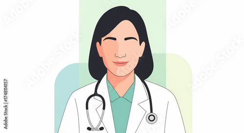 Modern vector illustration of a professional female doctor in a white lab coat and stethoscope, symbolizing dedicated healthcare services, medical expertise, and patient wellness support