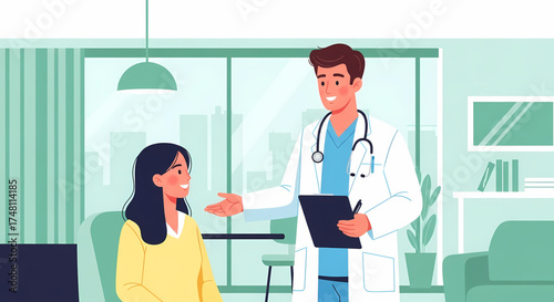 Professional male doctor provides a comprehensive medical consultation to a smiling female patient in a contemporary clinic, highlighting clear communication and patient-centered healthcare services