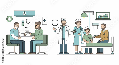 Comprehensive medical care and patient support services, illustrating doctor consultations, hospital treatment, and dedicated professional assistance for well-being and health recovery