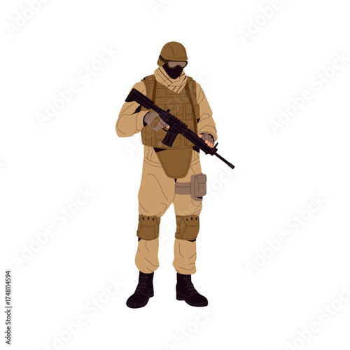 Soldier in helmet holds assault rifle. Combat man in military uniform with gun. Sharpshooter, shooter of army with firearm weapon. Armed forces. Flat isolated vector illustration on white background.