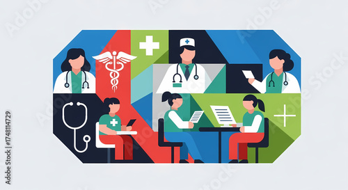 Vibrant illustration of medical professionals collaborating in a modern healthcare environment, emphasizing innovative patient care strategies, digital health technology, and dedicated teamwork