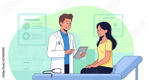 Professional male doctor consults with a female patient during a routine medical examination, discussing health concerns in a clinic setting, providing comprehensive healthcare advice and support