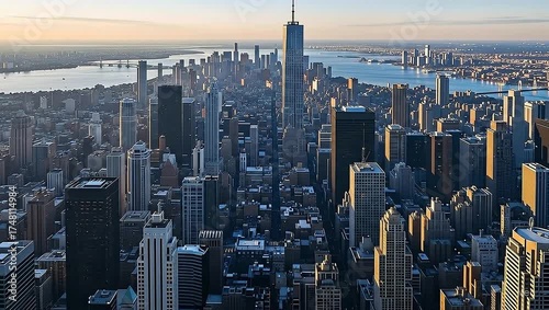 Cinematic aerial view of the new york city skyline at sunset, skyscrapers and the hudson river time lapse animation video