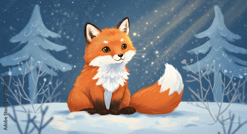Fototapeta premium A charming illustration of a cute fox in a snowy forest with glowing lights, perfect for children's books and holiday greeting cards.
