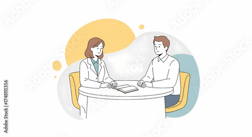 Modern concept illustration of a professional business discussion between two individuals, a man and a woman, at a table, signifying a collaborative meeting, interview, or important consultation