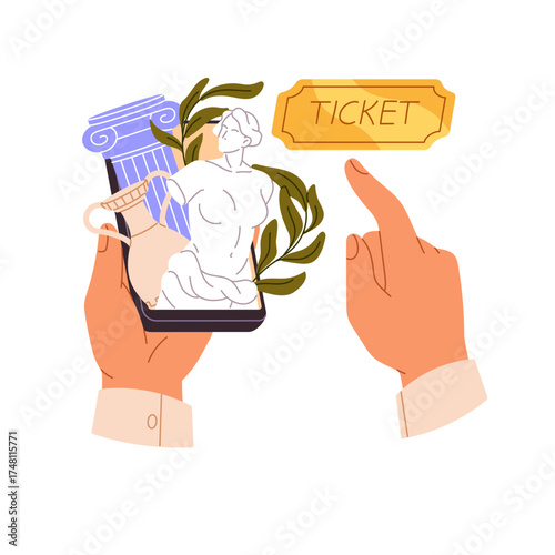 People booking electronic tickets to museum by smartphone. Customer buys entrance to gallery, display with phone in hands. Online service to sale coupons. Flat isolated vector illustration on white.
