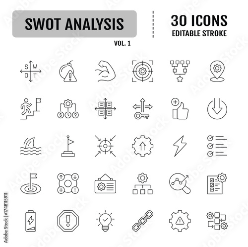 SWOT Analysis Line Editable Icons set.  Containing icons as strengths, weakness, opportunities, and threads. Vector illustration