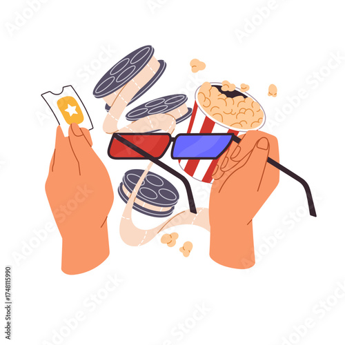 People buy paper tickets to the cinema. Customer booking seat to 3D film with popcorn. Person holds coupon to comedy movie in hand. Entertainment. Flat isolated vector illustration on white background
