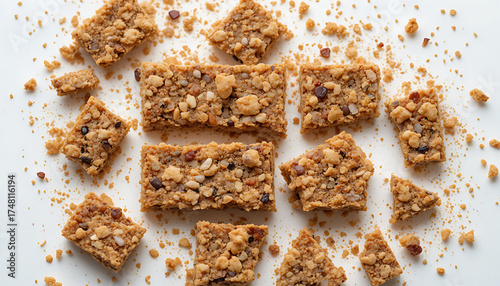 Healthy snack bars broken into pieces, crumbs around, white background
