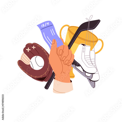 People buy paper tickets to the sport competition. Spectator booking seat to match. Person holds coupon to hockey or baseball game. Entertainment. Flat isolated vector illustration on white background