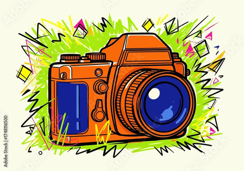 Colorful illustrated camera with geometric shapes and vibrant background  