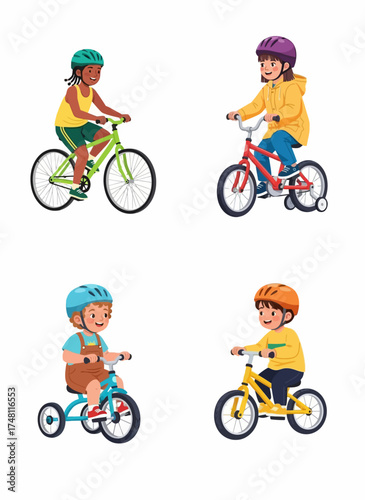 Children riding bicycles in colorful helmets and casual clothing  