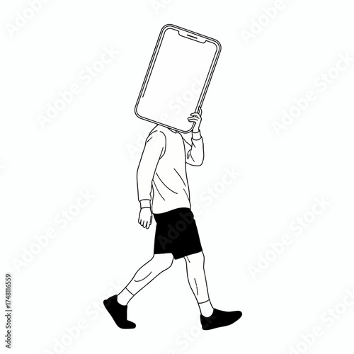 Person walking while holding smartphone instead of head  