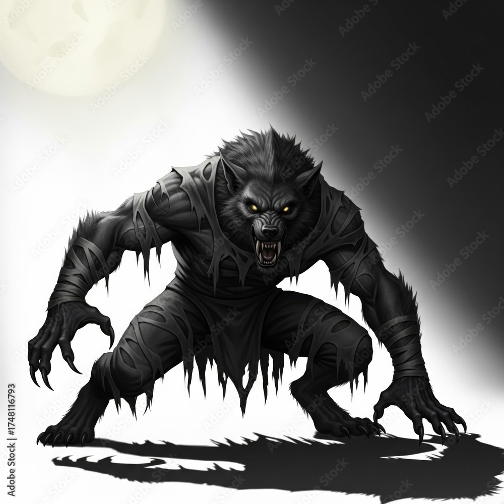 Fototapeta premium Menacing Werewolf with Glowing Yellow Eyes Under Moonlight in Dark Tattered Clothing and Sharp