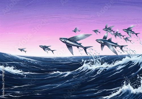 Flying fish leaping above ocean waves at sunset with pink sky  