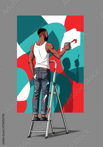Black man painting abstract wall art while standing on ladder indoors  
