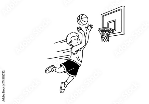 Boy jumping to dunk a basketball into the hoop in black and white  