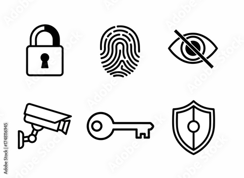 Security icons including lock, fingerprint, camera, and shield  