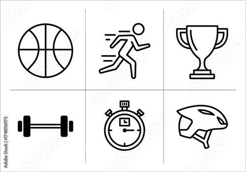 Sports icons including basketball, runner, trophy, and stopwatch  