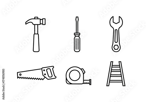 Hand tools collection in minimal line art style on white background  