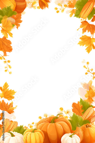 Autumnal frame featuring pumpkins, corn, and vibrant leaves creating a festive border for invitations and seasonal greetings.