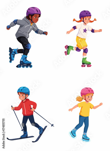 Four children roller skating and skiing on white background  