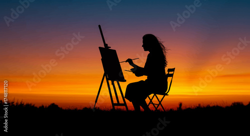 Silhouette Artist Painting Outdoors at Sunset Capturing the Beauty of Dusk