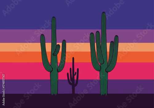 Colorful cacti silhouette on gradient sunset background  