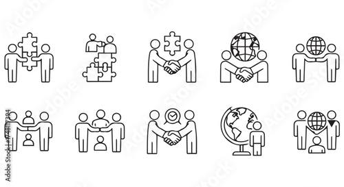 Business collaboration and partnership icons, including handshake, puzzle, and globe elements, isolated on transparent background