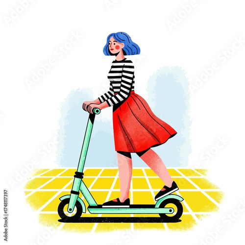 Young woman riding green scooter on yellow tiled floor indoors  