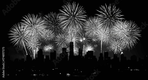 Brilliant fireworks ignite the night sky above a dramatic city skyline, casting a powerful silhouette against the darkness, a grand celebration of light and urban splendor