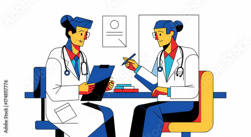 Two healthcare professionals in lab coats discussing medical records at a desk, representing modern medical consultation and collaborative diagnostic work in a clean, graphic illustration style