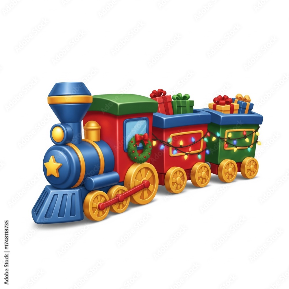 Obraz premium Festive Christmas Train with Gift Laden Cars against a White Background