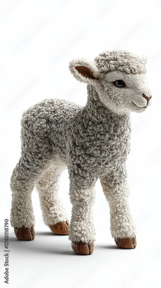Obraz premium A detailed figurine of a young lamb covered in small white and grey beads with brown hooves and ears is captured in a studio setting against a clean white backdrop.
