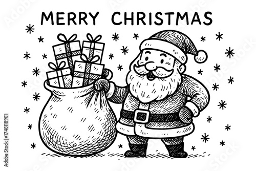 Jolly santa claus with gift sack and snowflakes in black and white doodle style