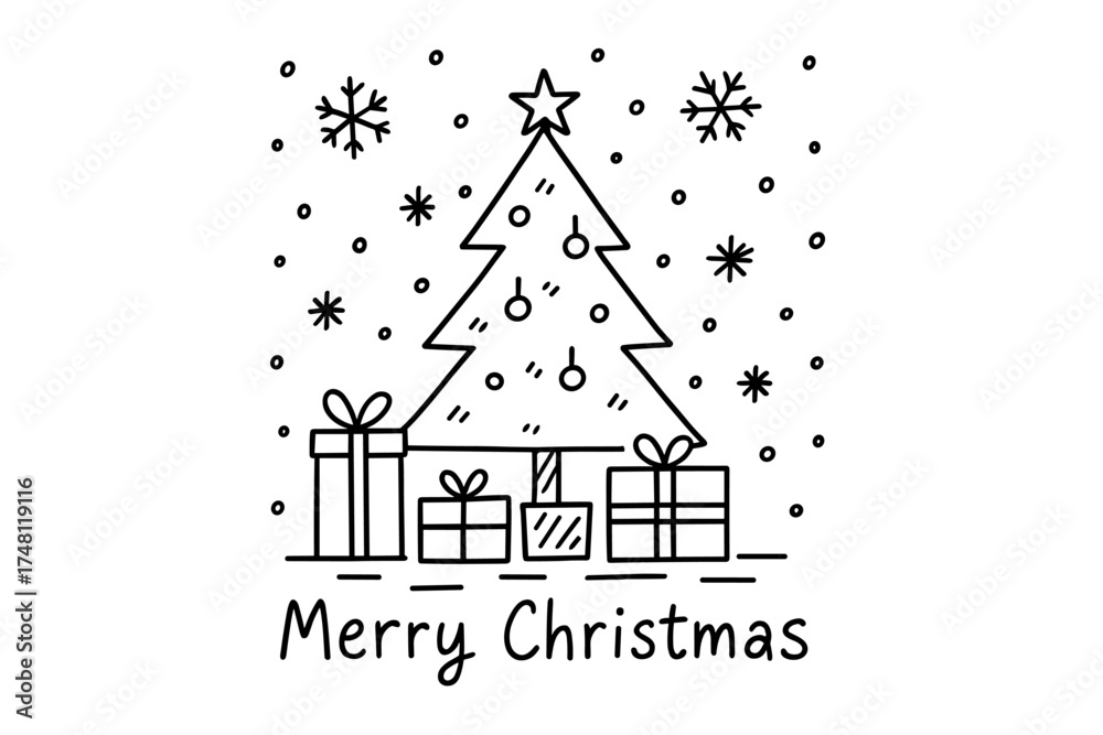 Fototapeta premium Minimalist christmas tree with snowflakes and gifts in linear style